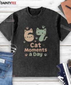 Alt Text: Cute cat moments captured on a washed t-shirt featuring playful felines - Nice 67 Cat Moments collection.