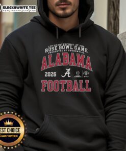 Alt Text: 2026 Alabama Crimson Tide CFP Quarterfinal hoodie at the Rose Bowl, showcasing team pride and style.