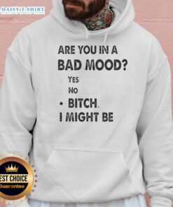 Alt Text: Stylish 'Nice Are You In A Bad Mood Bitch I Might Be' hoodie in bold text, perfect for casual streetwear.