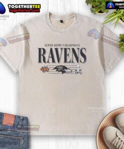 Alt Text: Baltimore Ravens Super Bowl Champions XLVII washed t-shirt showcasing team pride and championship celebration.