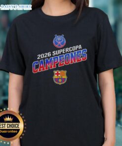 Barcelona FC winners of the Supercopa 2026, showcasing the RFEF Ladies Tee in vibrant colors.