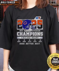 Chicago Bears 2025 NFC North Division Champions ladies tee featuring 'Nice-Better-Best' design in team colors.