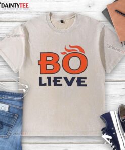 Nice Bo Believe Denver Broncos washed t-shirt featuring team colors and logo, perfect for fans and casual wear.