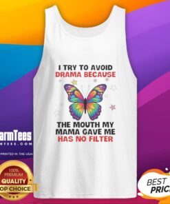 Person wearing 'Nice Butterfly' tank top with no filter quote, showcasing vibrant butterfly design and casual style.