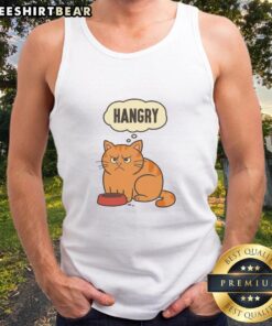 Nice cat feeling hangry wearing a cute tank top, showcasing playful feline fashion and humorous pet apparel.