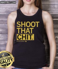 Chazadi Wright wearing a stylish 'Shoot That Chit' tank top, showcasing a trendy and casual summer look.