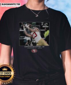 Nice Christian McCaffrey San Francisco 49ers NFL Wild Card ladies tee showcasing team pride and style.