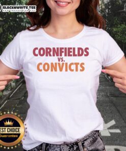 Womens tee featuring 'Nice Cornfields Vs Convicts' design, perfect for casual wear and showcasing farm life spirit.