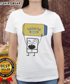 Doodlebob holding a Twisted Tea Original can on a ladies' tee, featuring a fun and colorful design.