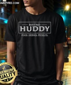 Alt Text: Drew Talbert's Bistro Huddy t-shirt featuring food, drinks, and pickles design, perfect for casual dining enthusiasts.
