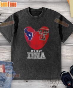 Alt Text: Nice Fingerprints Houston Texans X Texas Tech Red Raiders It's In My DNA washed t-shirt design featuring team logos.
