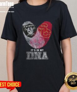 Nice Fingerprints Las Vegas Raiders x USC Trojans 'It's In My DNA' ladies tee showcasing team spirit and style.