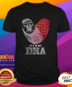 Nice Fingerprints Las Vegas Raiders X USC Trojans It's In My DNA T-Shirt showcasing team spirit and unique design.