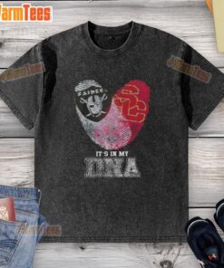Alt Text: Nice Fingerprints Las Vegas Raiders X USC Trojans 'It's In My DNA' washed t-shirt showcasing team spirit and style.