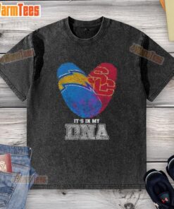 Los Angeles Chargers X USC Trojans t-shirt featuring 'It's In My DNA' design with vibrant fingerprints pattern.