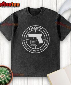 Alt Text: Glock Safe Action Pistols logo on a washed t-shirt, showcasing a stylish and casual firearm enthusiast design.