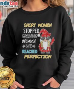 Cute short women in a Nice Gnome sweatshirt, showcasing a stylish and cozy design perfect for everyday wear.