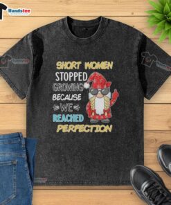 Alt Text: Short women in a cute gnome-themed washed t-shirt, showcasing a fun and playful style for petite fashion lovers.