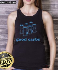 Six navy tank tops with 'Nice Good Carbs' resolution slogan for fitness and nutrition enthusiasts.