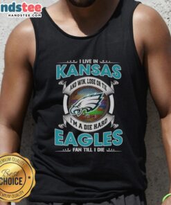 Alt Text: Die-hard Eagles fan wearing a tank top in Kansas, showcasing pride with a bold slogan: 'Win, Lose, or Tie, I'm a Fan'
