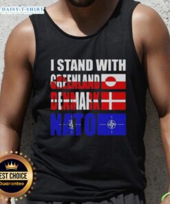 Alt Text: Nice I Stand With Greenland Denmark NATO tank top featuring bold text and vibrant colors, perfect for casual wear.