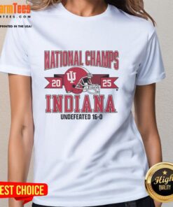 2025 CFP National Champions arched helmet design on a Nice Indiana football ladies tee for fans.