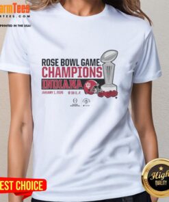 Nice Indiana Football CFP Rose Bowl Champions trophy on a ladies tee shirt design, perfect for fans and collectors.