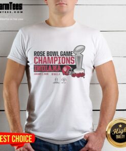 Nice Indiana Football CFP Rose Bowl Champions trophy T-Shirt featuring vibrant graphics and soft fabric for fans.