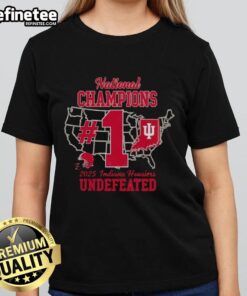 2025 National Champions Indiana Hoosiers IU football ladies tee in red, celebrating team pride and victory.