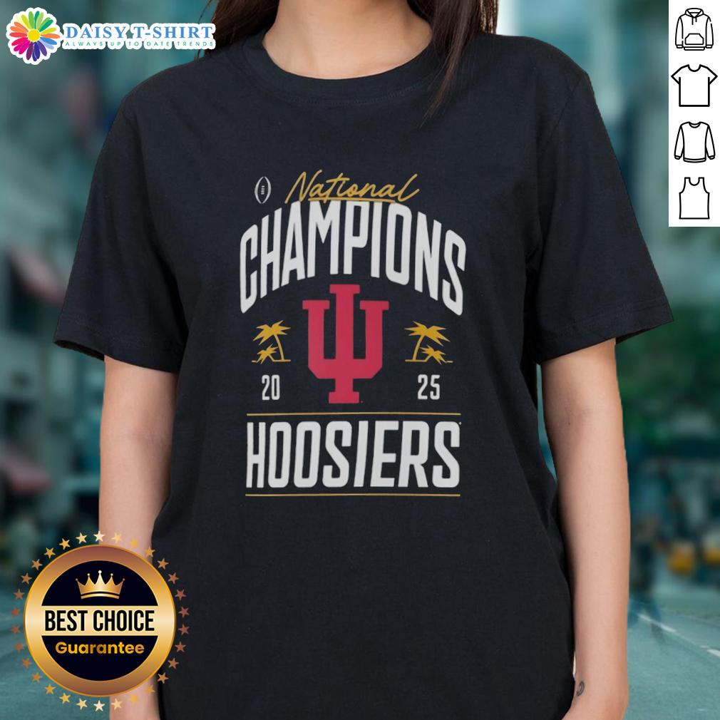 Nice Indiana Hoosiers College Football Playoff National Champions 2025 Logo Palm Tree Ladies-Tee Alt Text: 2025 College Football Playoff National Champions logo for Nice Indiana Hoosiers on a ladies tee with palm tree design.