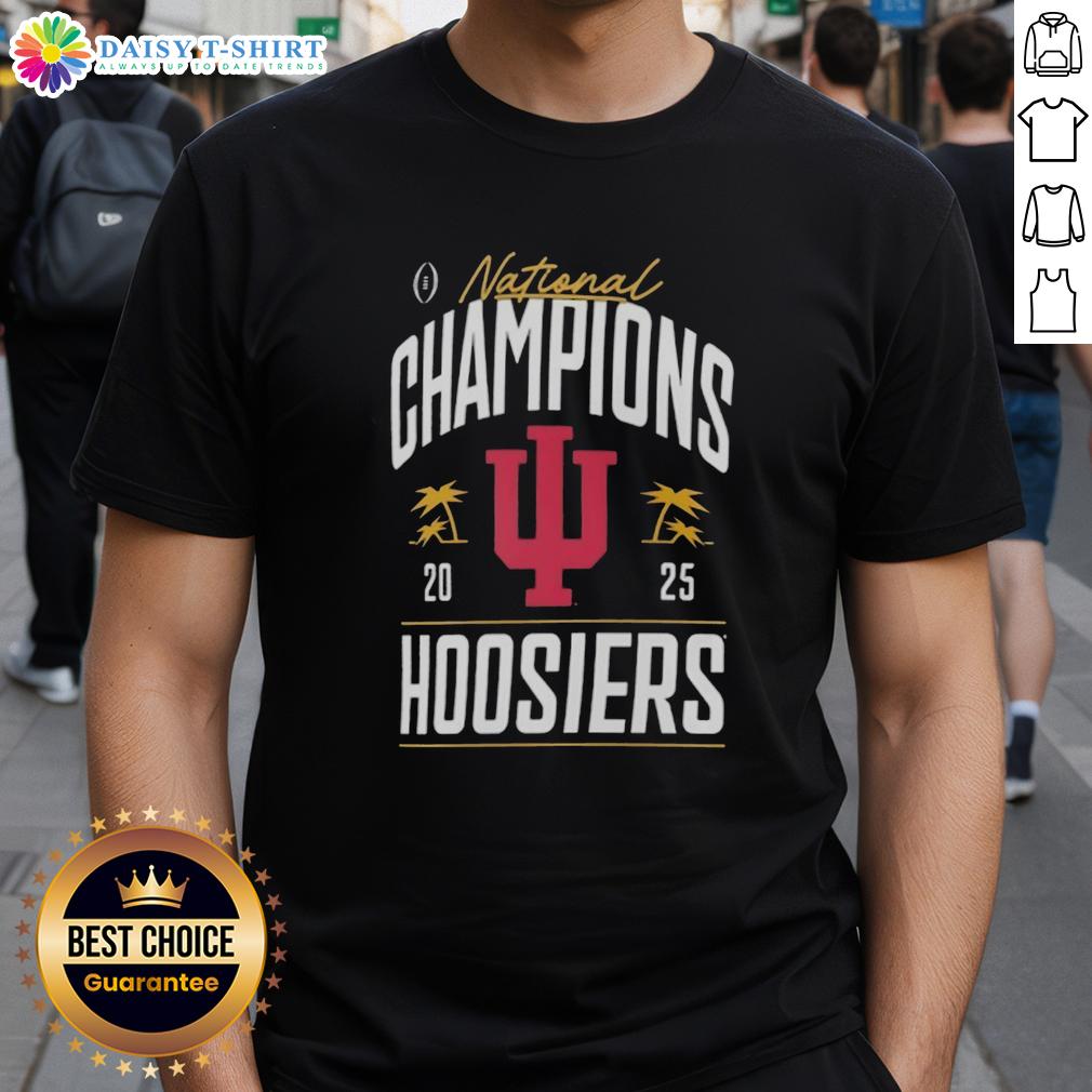 Nice Indiana Hoosiers College Football Playoff National Champions 2025 Logo Palm Tree T-Shirt Alt Text: Indiana Hoosiers College Football Playoff National Champions 2025 logo on a stylish palm tree t-shirt design.