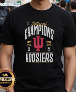 Alt Text: Indiana Hoosiers College Football Playoff National Champions 2025 logo on a stylish palm tree t-shirt design.