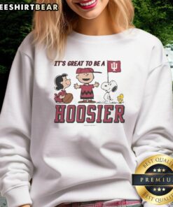 Nice Indiana Hoosiers Peanuts sweatshirt featuring 'It's a Great Day to Be a Hoosier' design in vibrant colors.