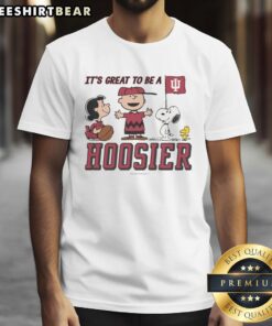 Alt Text: Indiana Hoosiers Peanuts t-shirt featuring 'It's A Great Day To Be A Hoosier' design, perfect for fans.