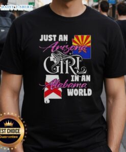 Arizona girl in a stylish Alabama world t-shirt, showcasing a blend of state pride and trendy fashion.