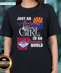 Alt Text: Stylish ladies' tee featuring 'Just an Arizona Girl in an Arkansas World' design, perfect for casual wear.
