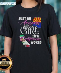 Arizona girl in California world ladies tee, showcasing a stylish design perfect for casual wear and travel.