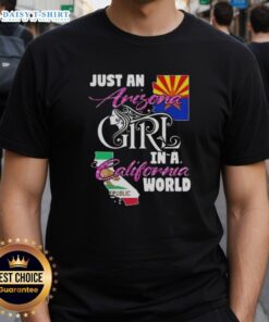 Alt Text: Arizona girl in a California world t-shirt, showcasing a stylish design perfect for casual wear and travel enthusiasts.