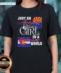 Arizona girl in Colorado world ladies tee, showcasing a stylish graphic design perfect for casual wear.