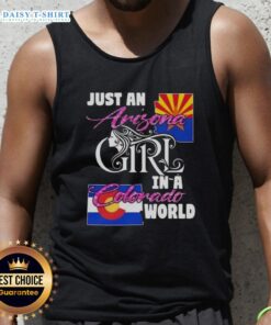 Arizona girl in a Colorado world tank top, showcasing a trendy design perfect for summer fashion and outdoor adventures.