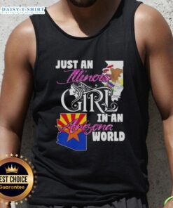 Illinois girl wearing a tank top with 'Just an Illinois Girl in an Arizona World' slogan in a sunny outdoor setting.