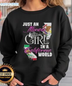 Illinois girl in a California world sweatshirt, showcasing unique style and Midwest pride in sunny surroundings.