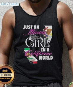 Illinois girl in a California world tank top, showcasing a stylish casual outfit with a vibrant California vibe.