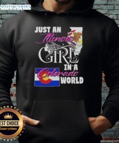Illinois girl in a Colorado world hoodie, showcasing a stylish design perfect for casual wear and travel enthusiasts.