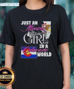Illinois Girl in a Colorado World Ladies Tee, showcasing a stylish graphic design perfect for casual wear.