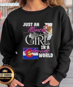 Illinois girl in a Colorado world sweatshirt, showcasing a cozy design perfect for casual outings and travel adventures.