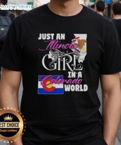 Illinois girl in a Colorado world t-shirt, showcasing a stylish graphic design perfect for proud Midwesterners in Colorado.