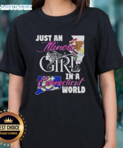 Illinois girl in a Connecticut world ladies tee, showcasing stylish design and vibrant colors for casual wear.