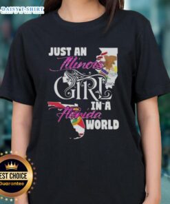 Illinois girl in a Florida world ladies tee, featuring a stylish design perfect for casual summer outings.