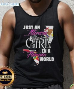 Illinois girl in a Florida world tank top, showcasing a casual summer style with vibrant colors and a relaxed fit.